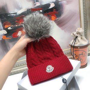 M.O.N.C.L.E.R Genuine Fox Fur Pom Rib Virgin Wool Beanie